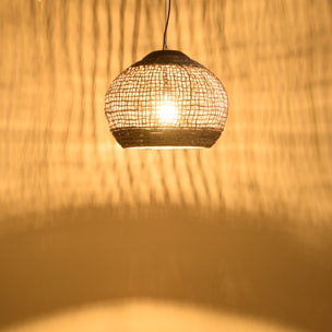 SIXTINE - Suspension 'boule' 60x60cm en abaca couleur naturelle et teck