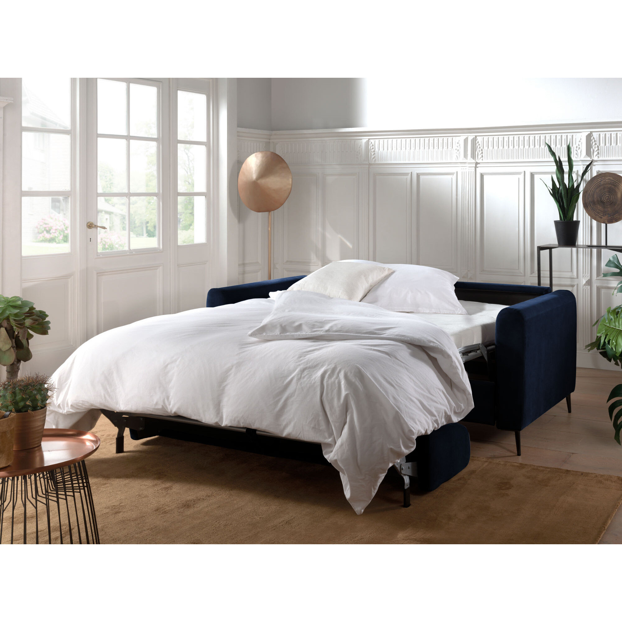 Owen - canapé 3 places convertible express couchage quotidien 140 cm matelas 12 cm en velours - Bleu nuit
