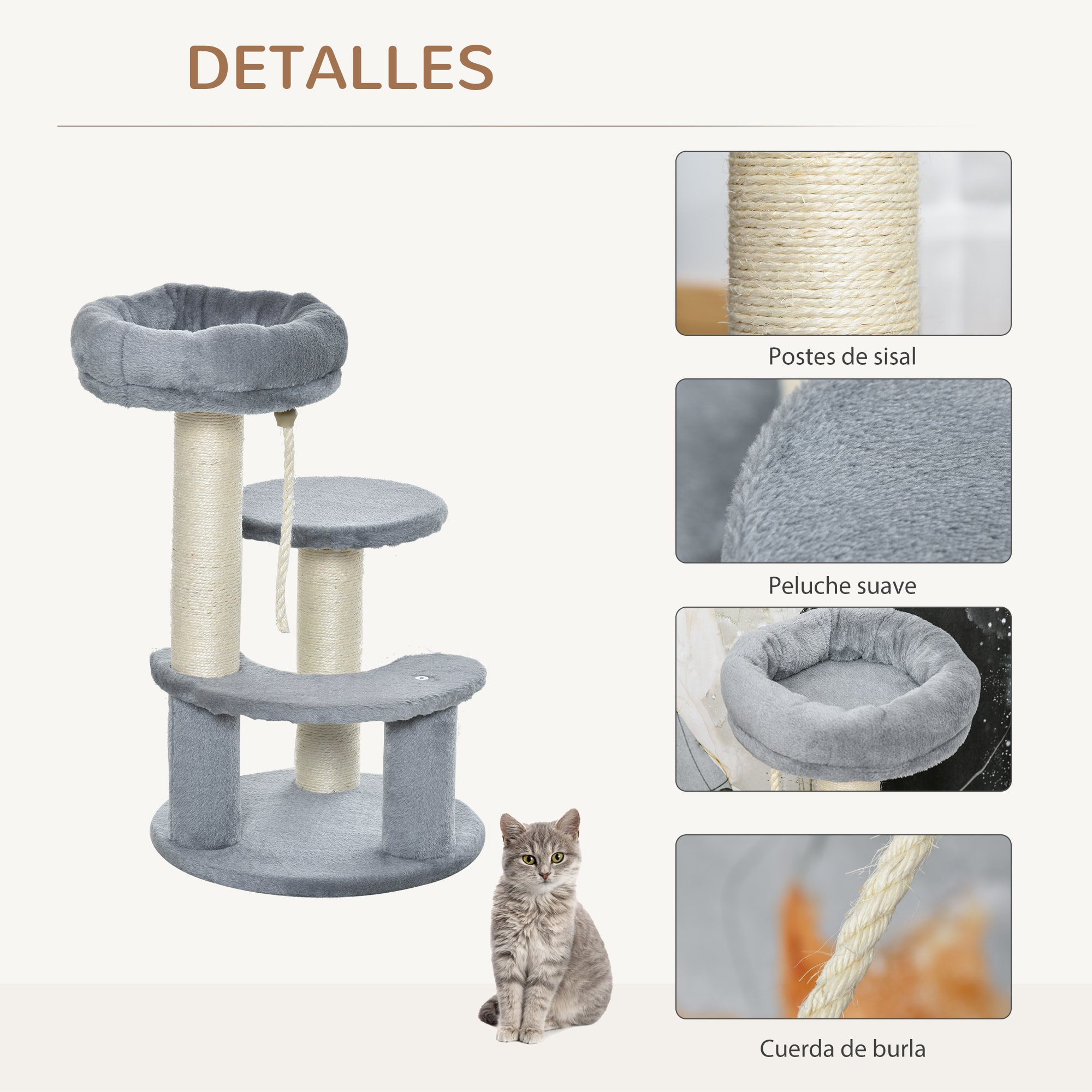 Árbol Rascador para Gatos de Felpa y Sisal Ф40x65cm Gris