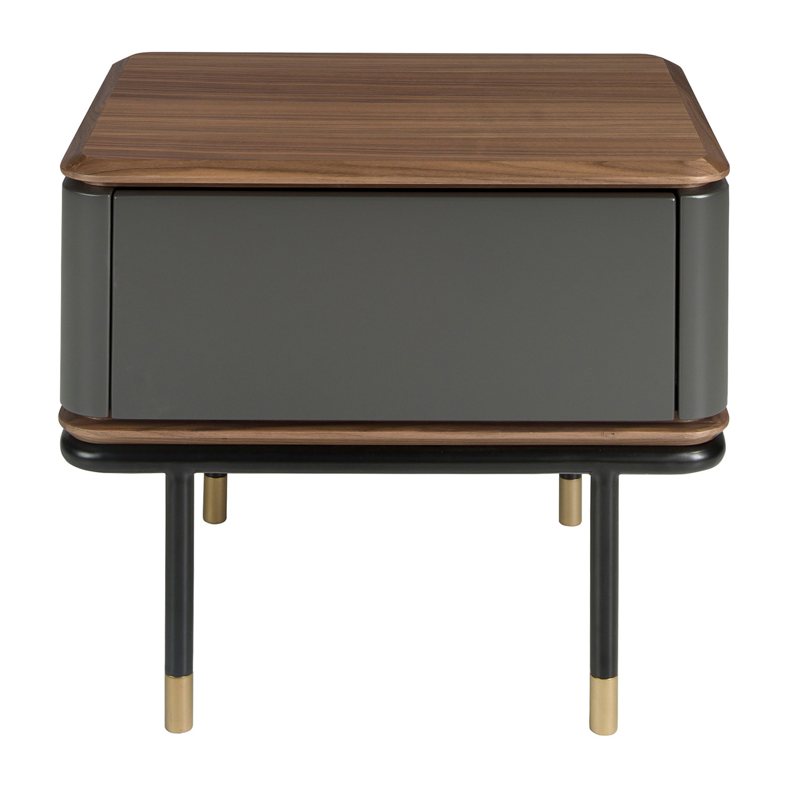 Mesita de noche Angel Cerdá de madera de MDF en gris oscuro en mate y patas de acero inoxidable en negro tapa de madera chapada en nogal 60x45x50cm