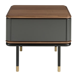 Mesita de noche Angel Cerdá de madera de MDF en gris oscuro en mate y patas de acero inoxidable en negro tapa de madera chapada en nogal 60x45x50cm