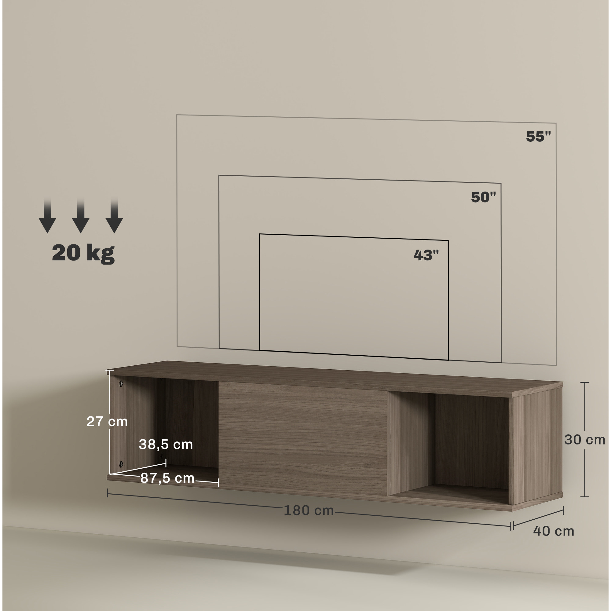 Meuble TV flottant suspendu - 2 niches, porte battante - effet bois noisetier brun gris