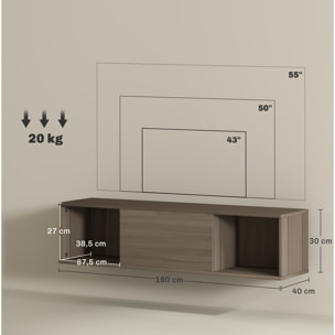 Meuble TV flottant suspendu - 2 niches, porte battante - effet bois noisetier brun gris