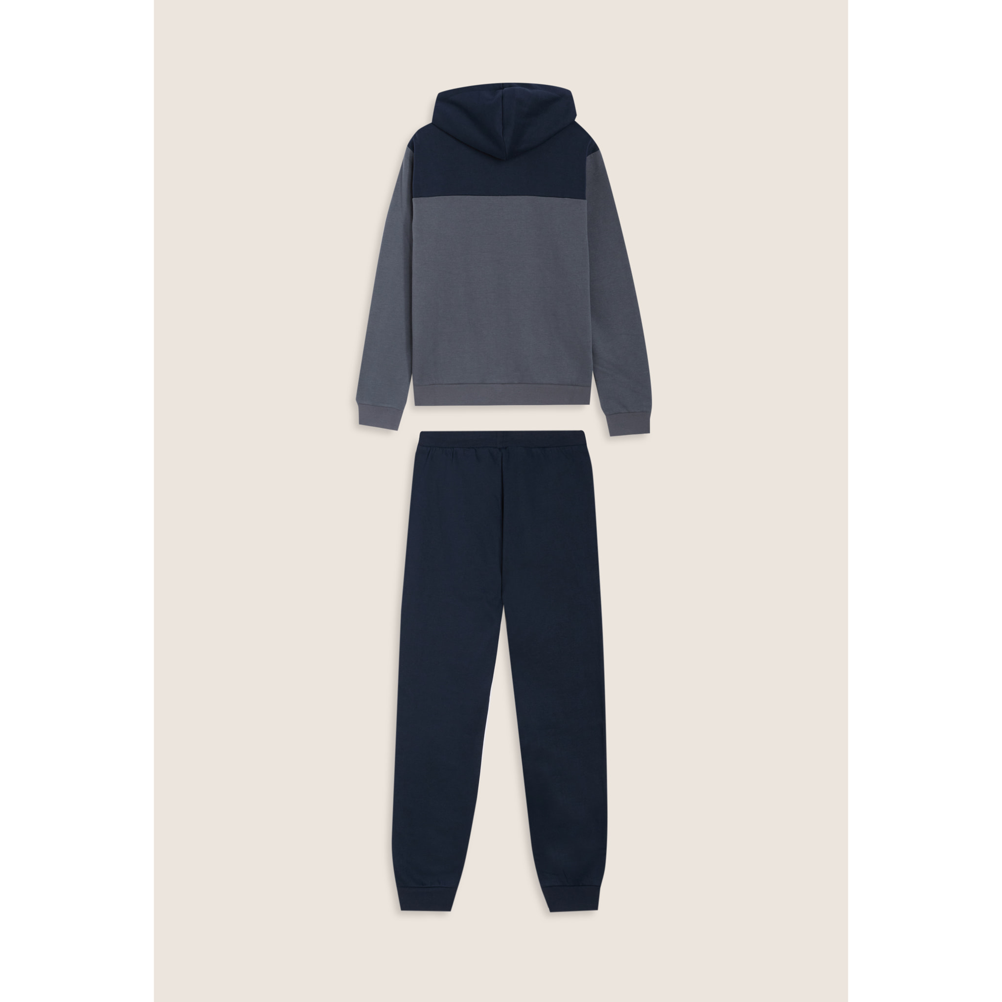 Tuta con cappuccio colour block e fondo a costine