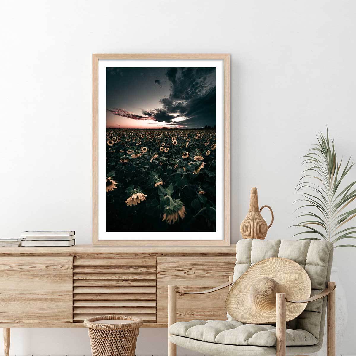 Affiche fleurs wake up sunflowers! Affiche + cadre en bois - Chêne