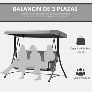 Columpio de Jardín de 3 Plazas Balancín de Jardín Exterior con Toldo Ajustable Bolsillos Laterales y Marco Metálico Carga 300 kg 196x128x172 cm Gris Oscuro