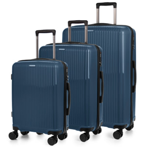 Juego de 3 maletas Trolley, en material ligero PP resistente a la rotura. Cerradura TSA numérica, 4 ruedas dobles giratorias 360°.