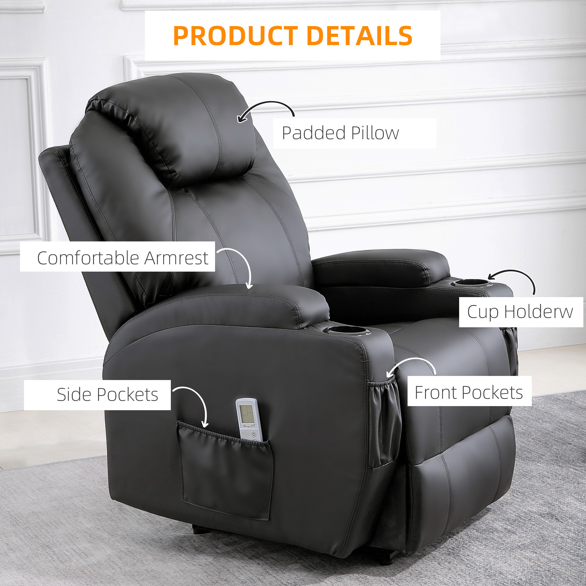 Fauteuil luxe de relaxation et massage inclinaison dossier repose-pied électrique revêtement synthétique noir