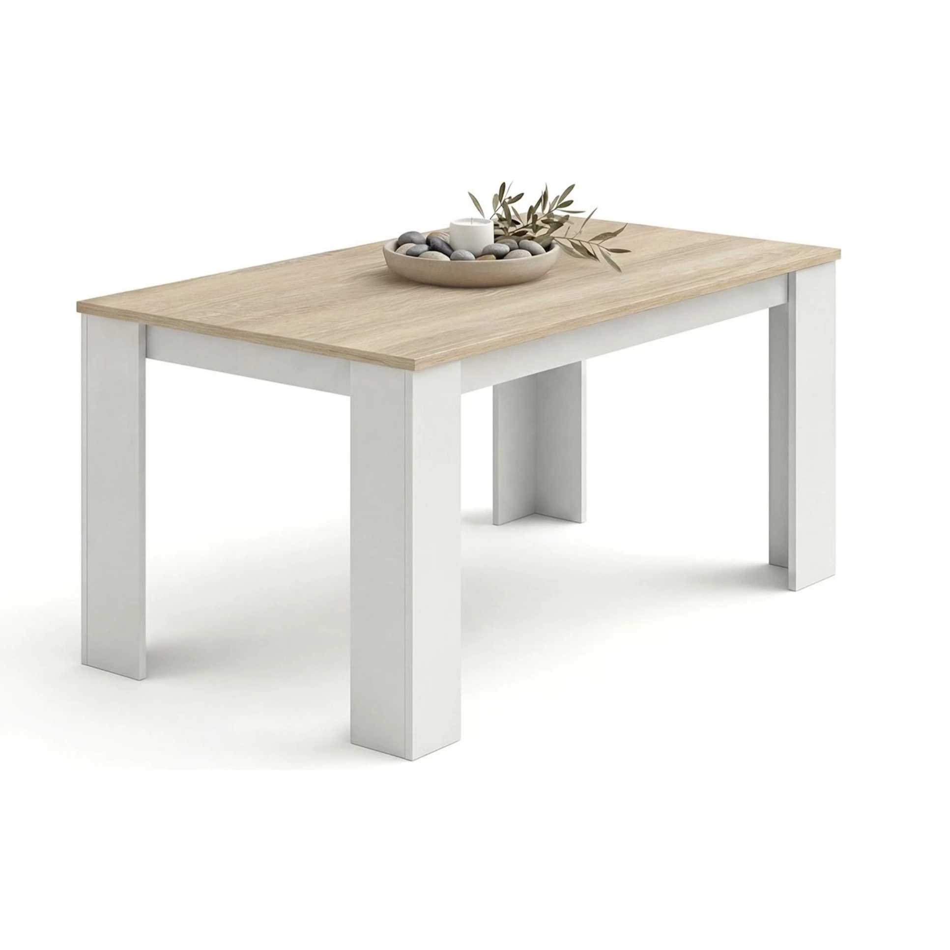 Mesa de comedor fija en blanco artik y roble canadian 140X80 cm Naya Blanco Artik (Blanco Mate) - Roble Canadian