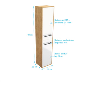 Meuble colonne de douche 30x35 cm suspendu - 2 portes finition blanc mat