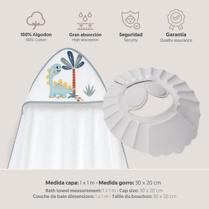 Capa Baño 1X1 Mod Estampado Dinosaurio Palmera+Gorro Bco/Gris