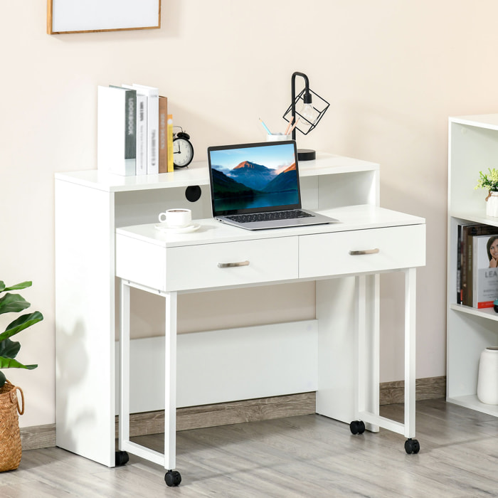 Escritorios Apilables Conjunto de 2 Mesas Escritorio para Ordenador Portátil con Ruedas 2 Cajones para Oficina 100x36x88 cm Blanco