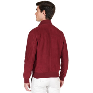 Giacca bomber in pelle camoscio bordeaux con bottoni e tasconi