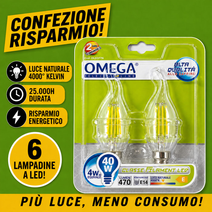 OMEGA Set 6 Lampadine Filament LED Soffio di Vento 4W E14 4000K
