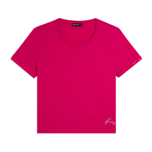 T-shirt cropped in jersey fiammato con risvolto sulle maniche