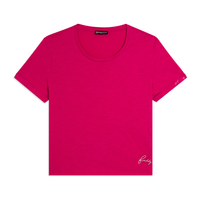 T-shirt cropped in jersey fiammato con risvolto sulle maniche