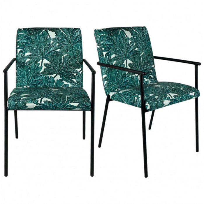 Lot de 2 chaises avec accoudoirs motif feuilles d'arbre et pieds noirs - JASPE 708