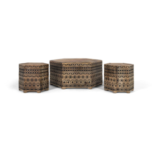 Lot de table et tabourets de bois de manguier 93 cm style ethnique