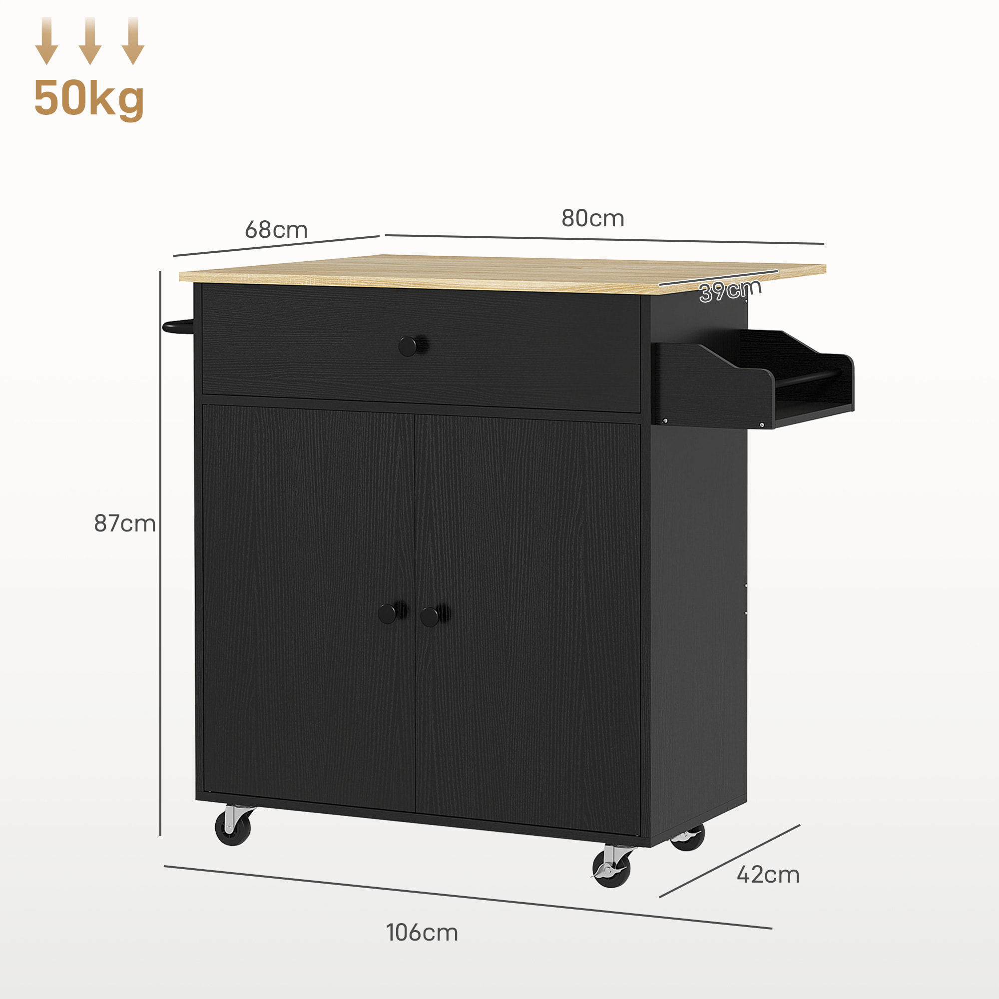 Isla de Cocina con Ala Abatible Carrito de Cocina Mueble Auxiliar de Cocina con Ruedas 2 Puertas Cajón Especiero Toallero y Estante Ajustable 106x42x87 cm Negro y Roble