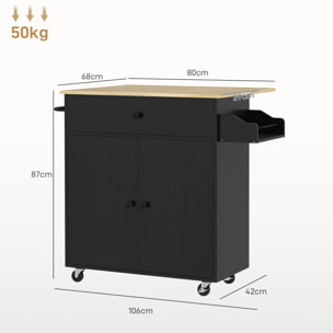 Isla de Cocina con Ala Abatible Carrito de Cocina Mueble Auxiliar de Cocina con Ruedas 2 Puertas Cajón Especiero Toallero y Estante Ajustable 106x42x87 cm Negro y Roble