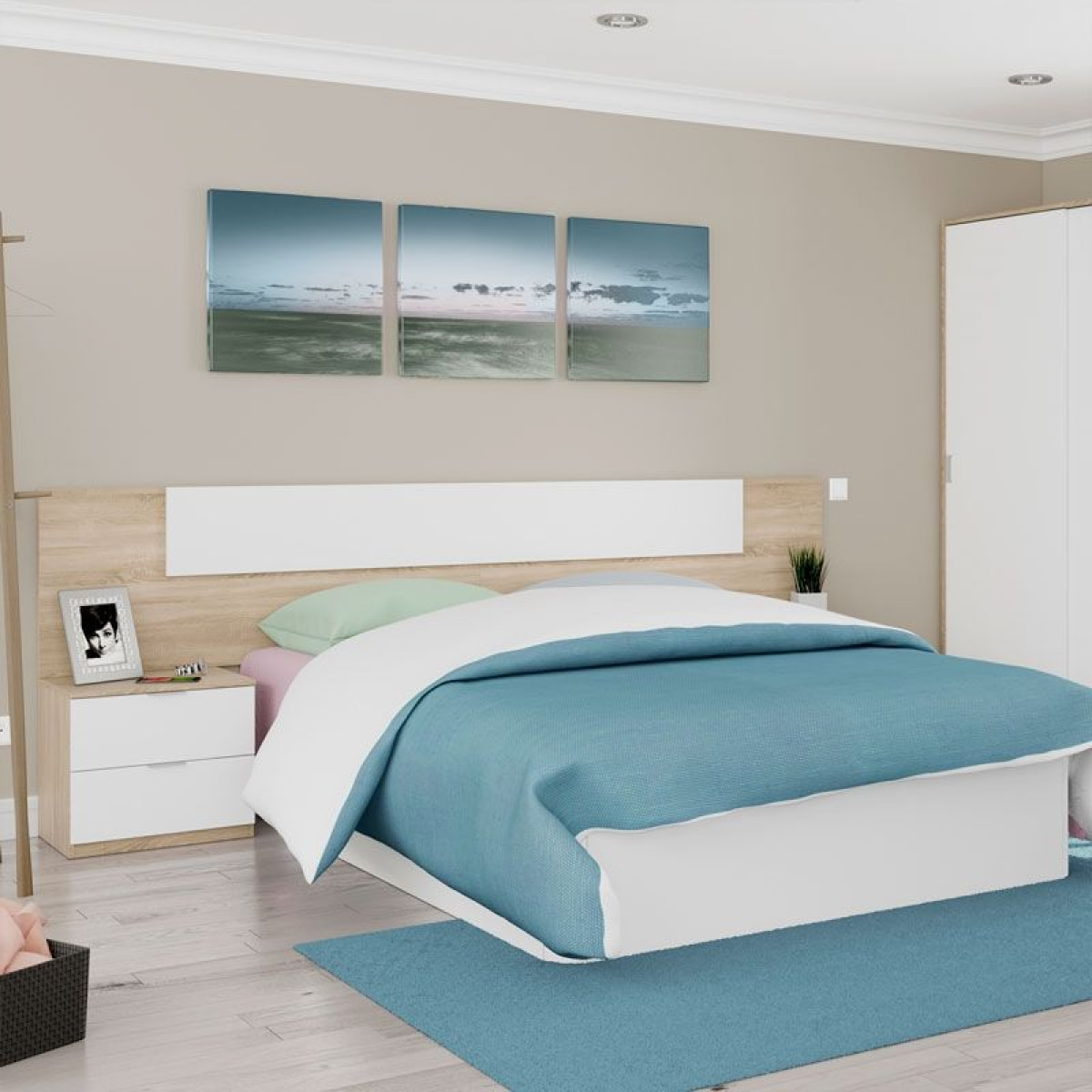 Cabecero para cama de 135-150 cm y 2 mesitas con cajones en blanco artik y roble canadian Luca Blanco Artik (Blanco Mate) - Roble Canadian