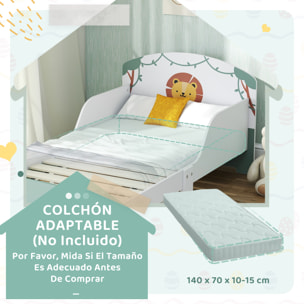 Cama infantil 70x140 cm de Madera con Almacenaje Cama para Niños de +3 Años con Protección Anticaída Cabecero en Dibujo de León Carga 40 kg para Dormitorio Verde