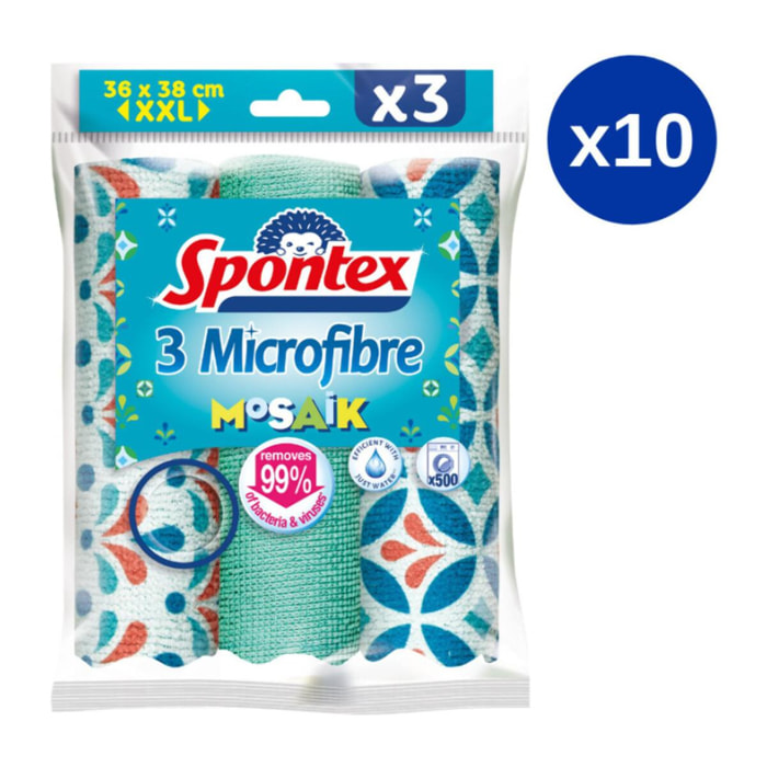 Pack de 10 - Spontex - 3 Lavettes Microfibre Mosaik