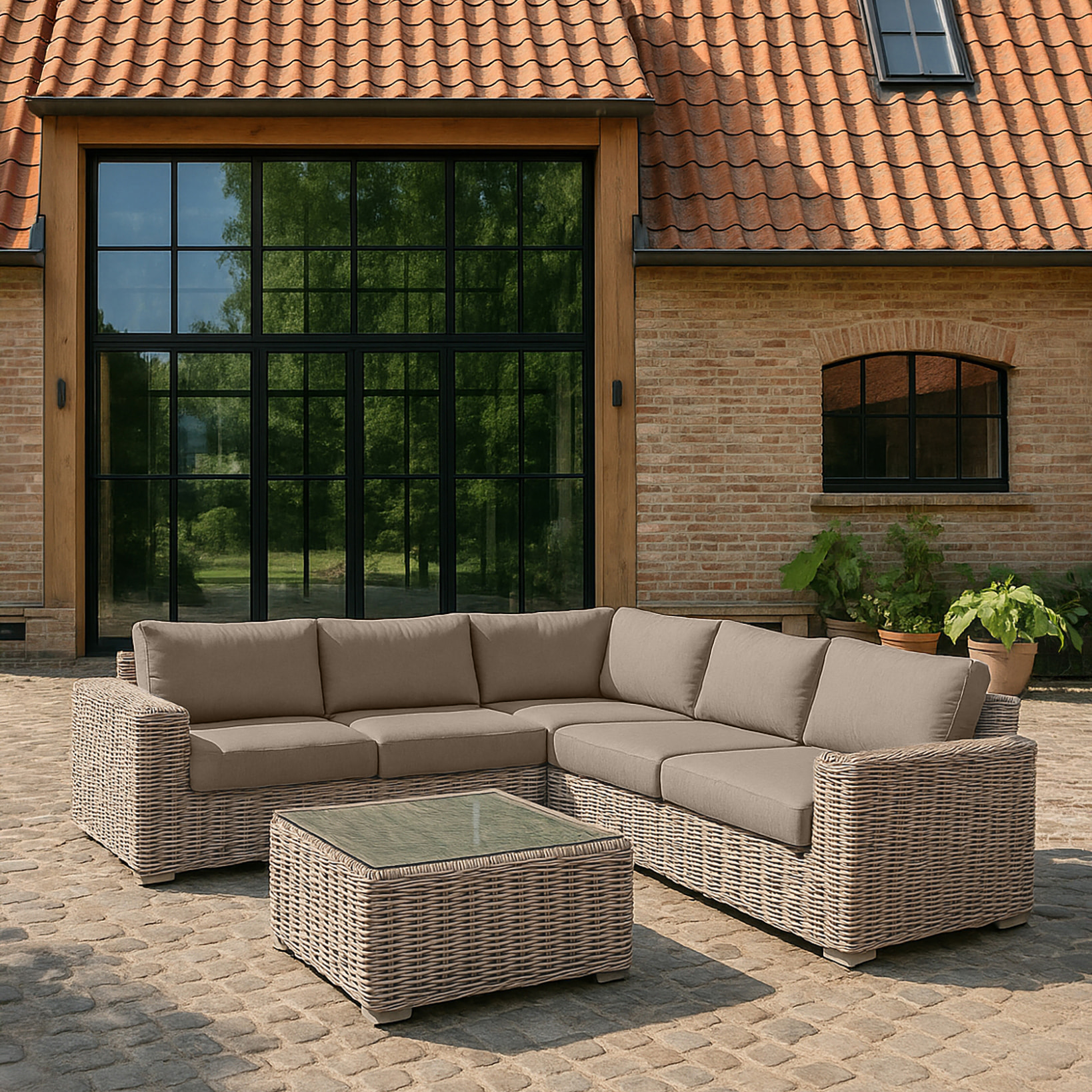 Salon de jardin 7 places en résine tressée effet rotin et coussin gris ANTIGUA