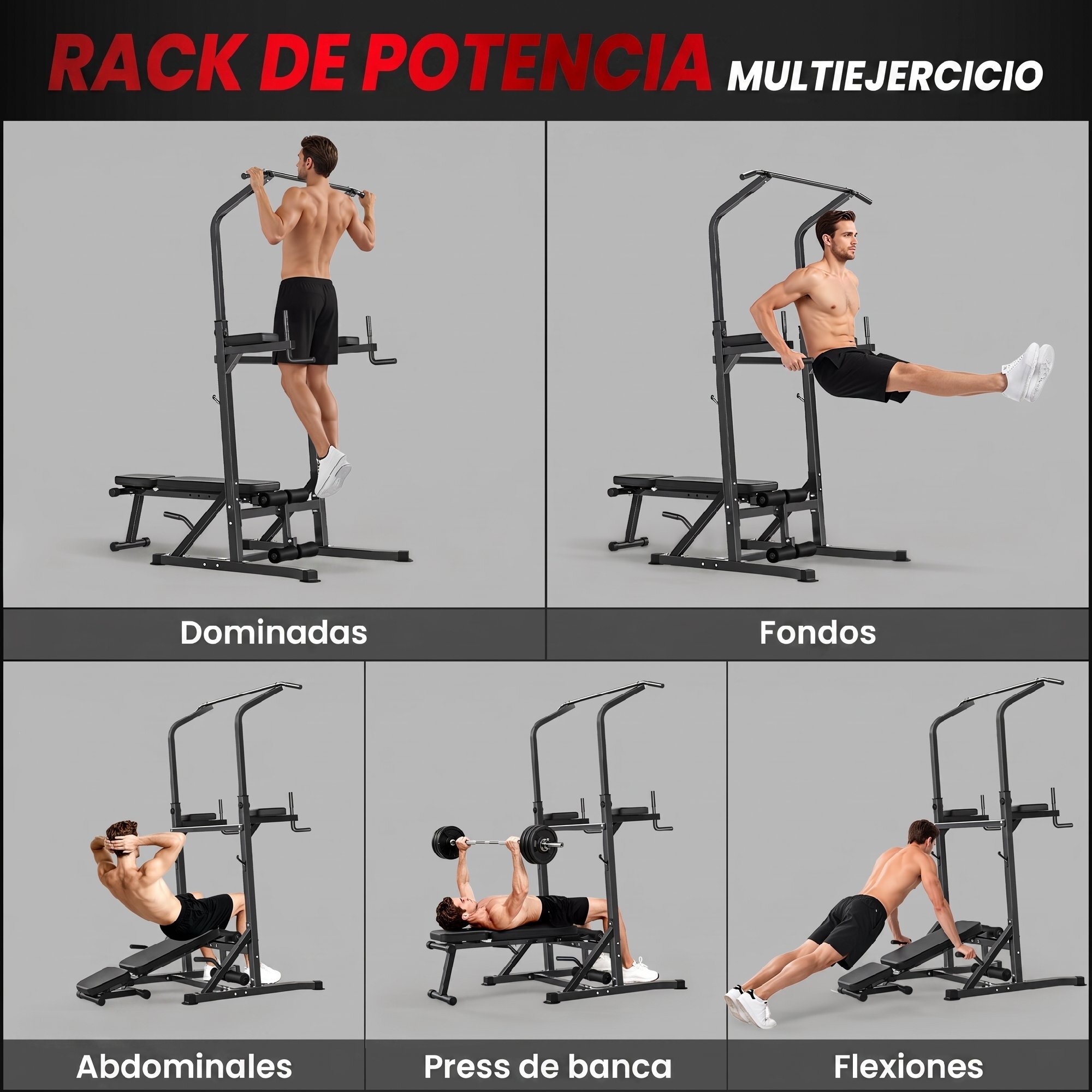 HOMCOM Estación de Musculación Torre de Entrenamiento Altura Ajustable con Barra de Dominadas y Banco Plegable para Fitness en Casa Gimnasio Carga 150 kg 99x178x230 cm Negro