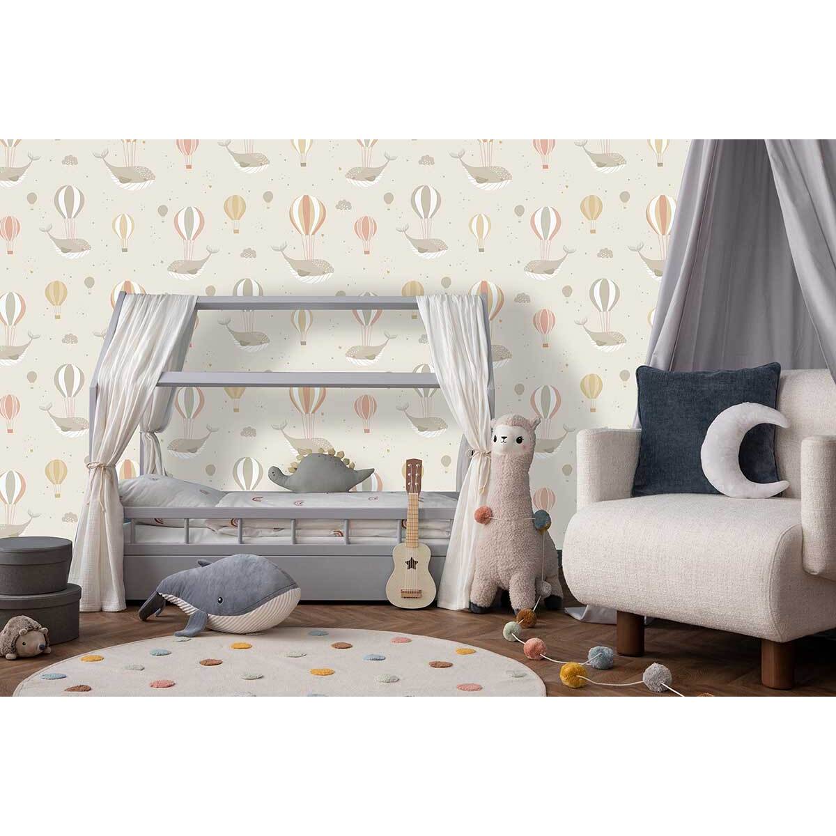 Papier peint baleines ballons air chaud pastel