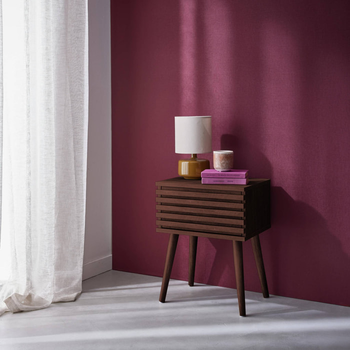 Table de chevet style scandinave décor bois couleur noyer avec tiroir rainuré et pieds compas