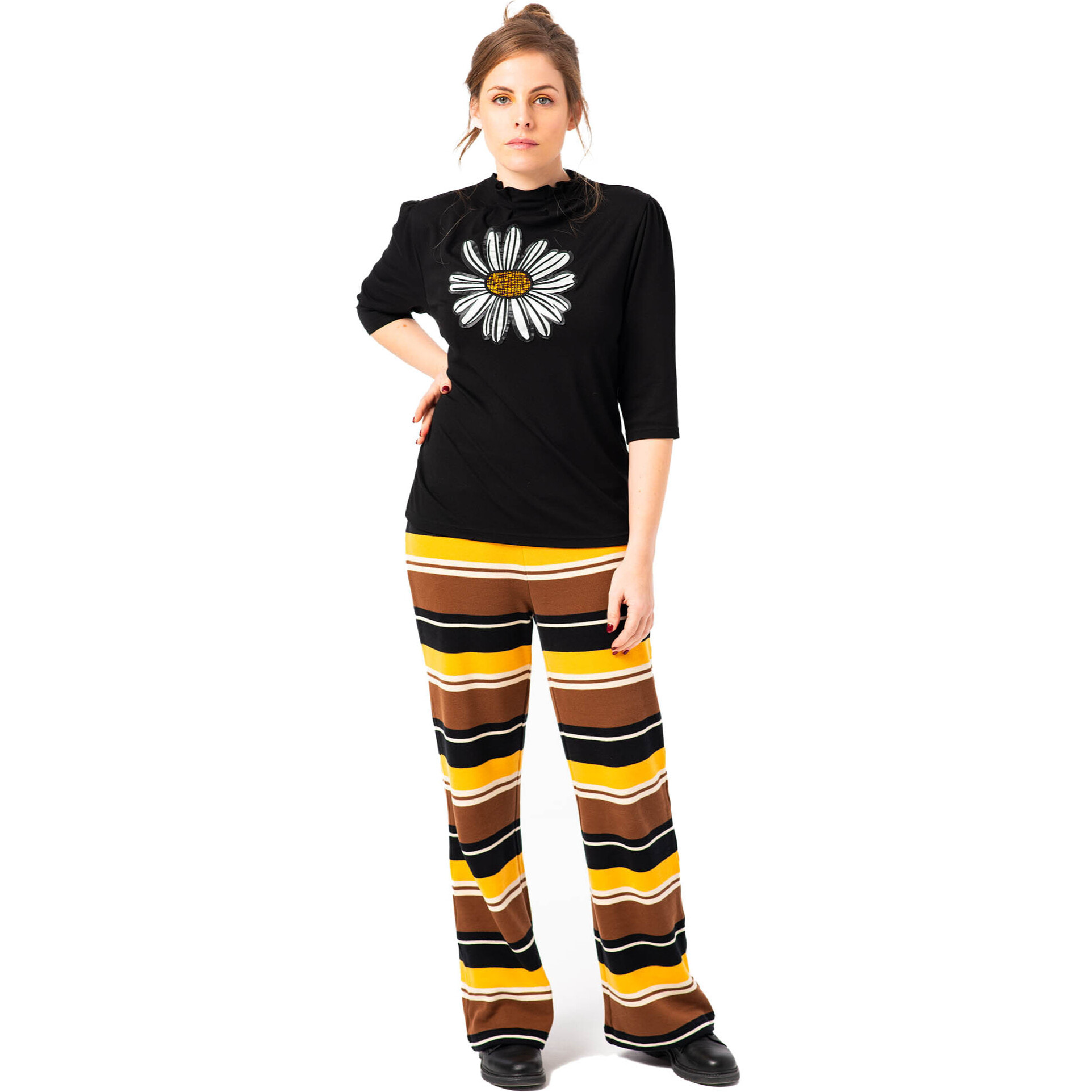 Mamatayoe Painting. Pantalón Largo Acampanado de Rayas para Mujer de Color Negro, Amarillo y Marrón. Pantalón Fluido con Cintura Elástica de Estilo Casual para Otoño Invierno.