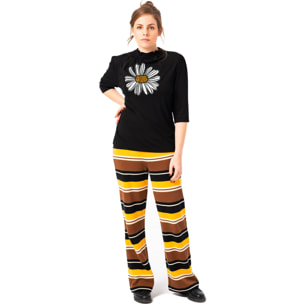 Mamatayoe Painting. Pantalón Largo Acampanado de Rayas para Mujer de Color Negro, Amarillo y Marrón. Pantalón Fluido con Cintura Elástica de Estilo Casual para Otoño Invierno.