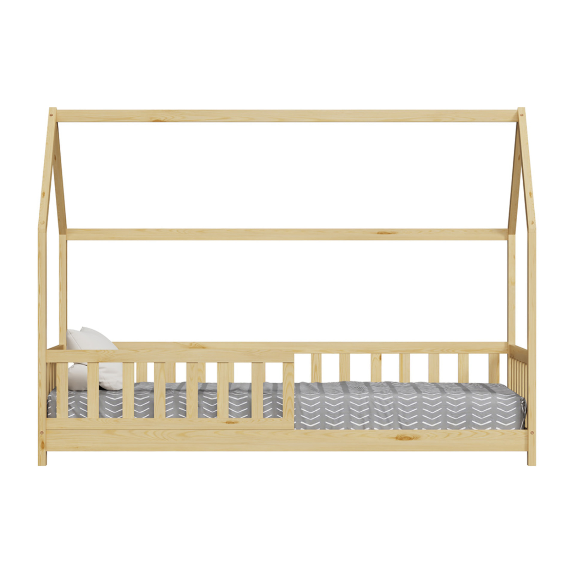 Lit Cabane Tchoupi 90 x 190 cm, Couleur Bois, Bois de Pin Naturel, avec barrières latérales de sécurité