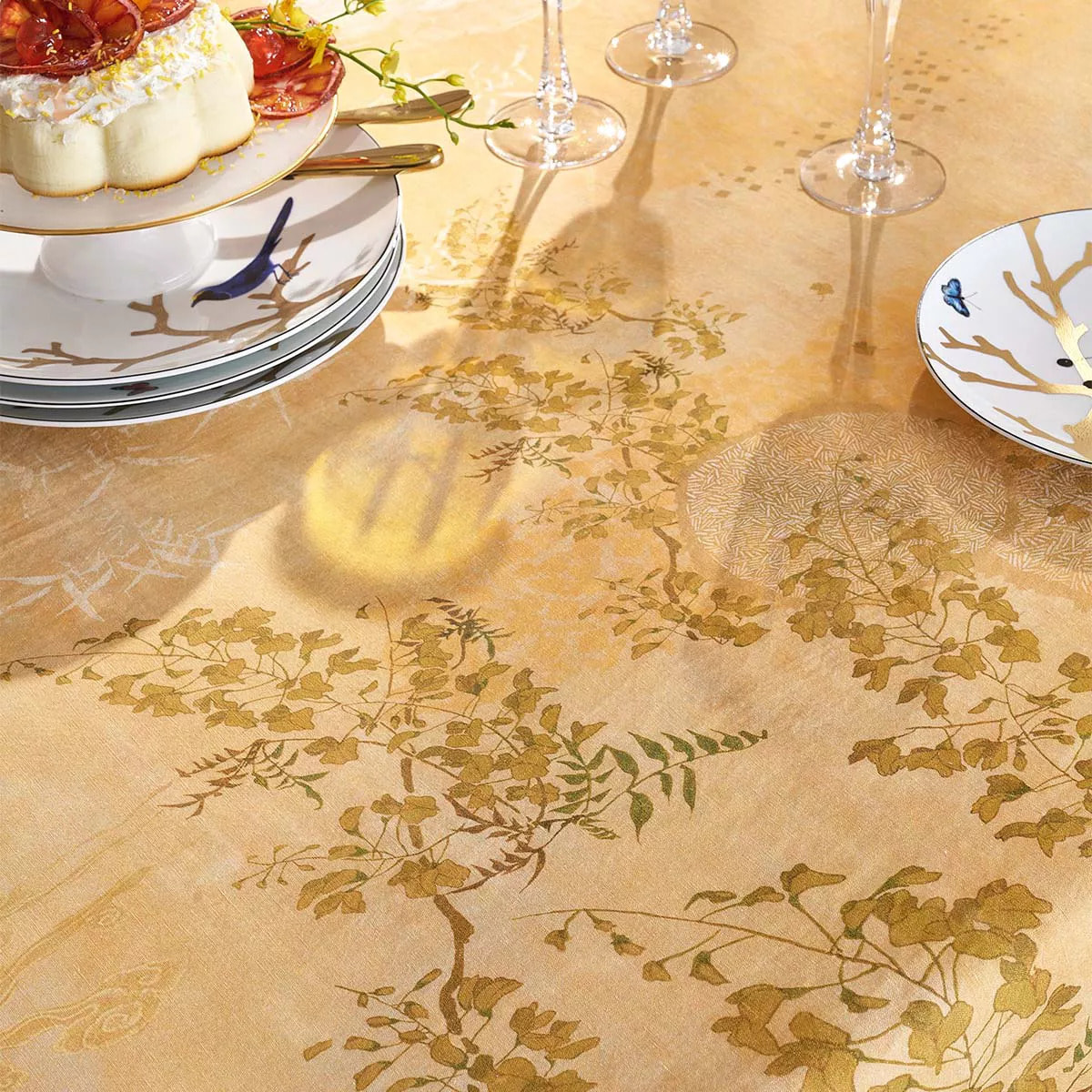 Nappe lin & coton lavé 190 g/m² imprimé jaune Soleil d'or dore
