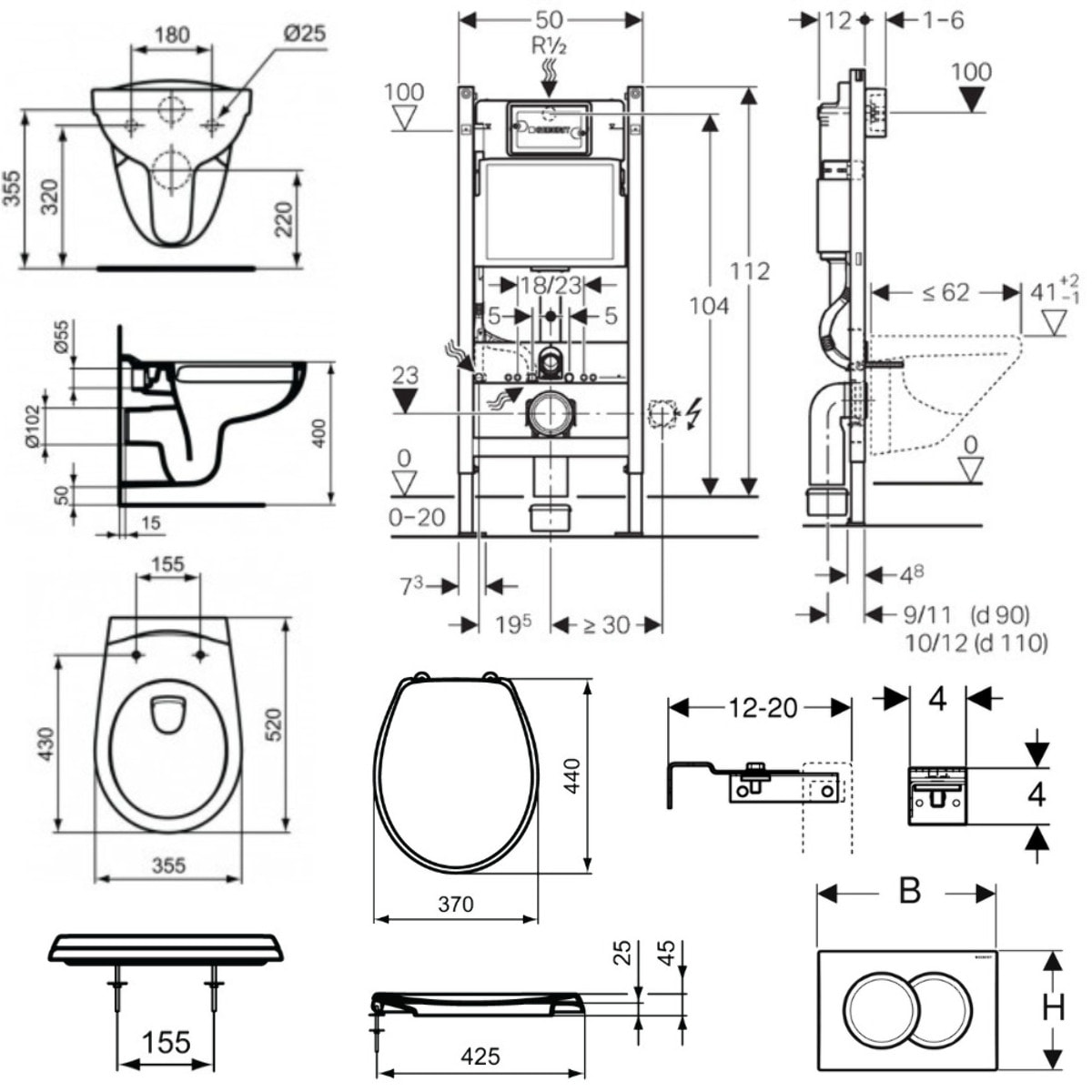 Pack WC Bati-support Geberit Duofix + Cuvette suspendue Porcher sans bride + Abattant Ideal Standard ASTOR + Plaque blanche (Por