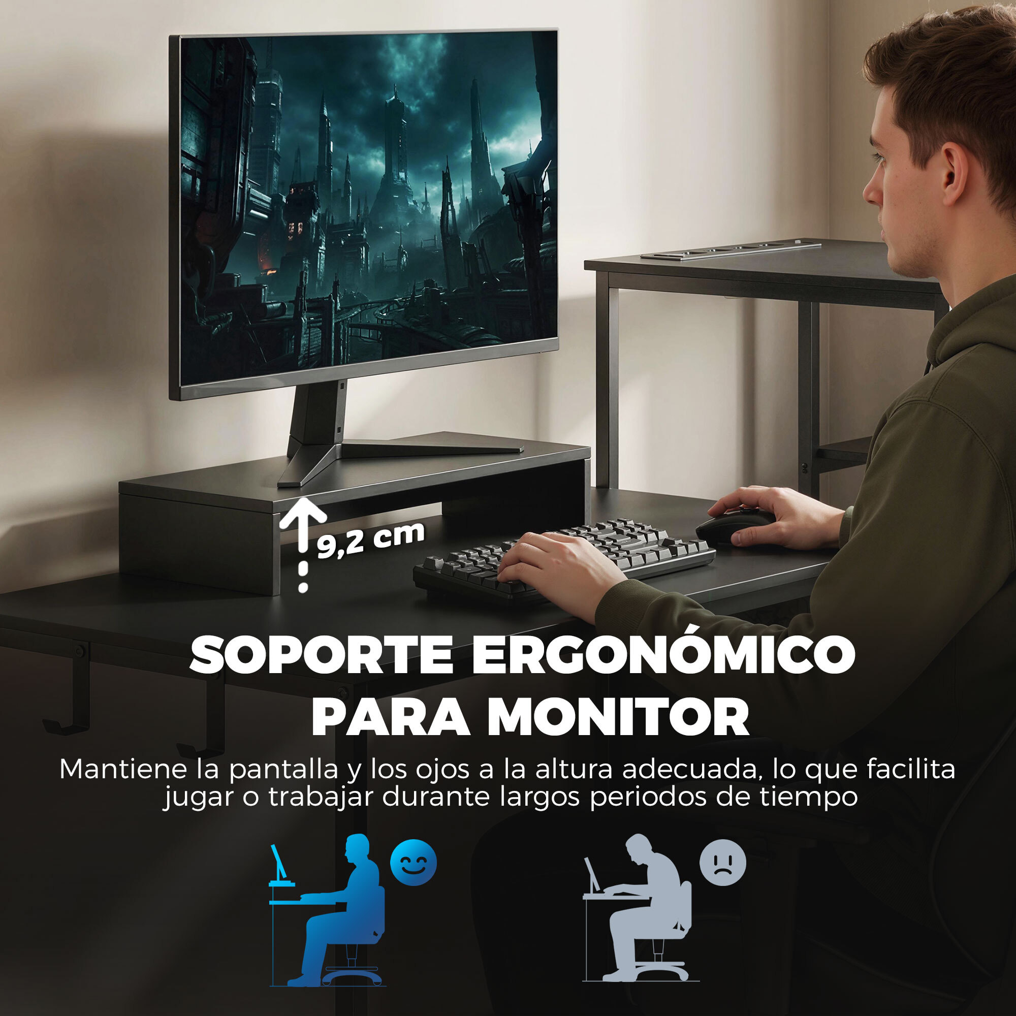 Mesa Gaming Doble, Escritorio Extralargo de 244 cm, Mesa Gamer con Estación de Carga, Puertos USB, Soportes para Monitor, Cajones de Tela y Ganchos para Auriculares, Negro