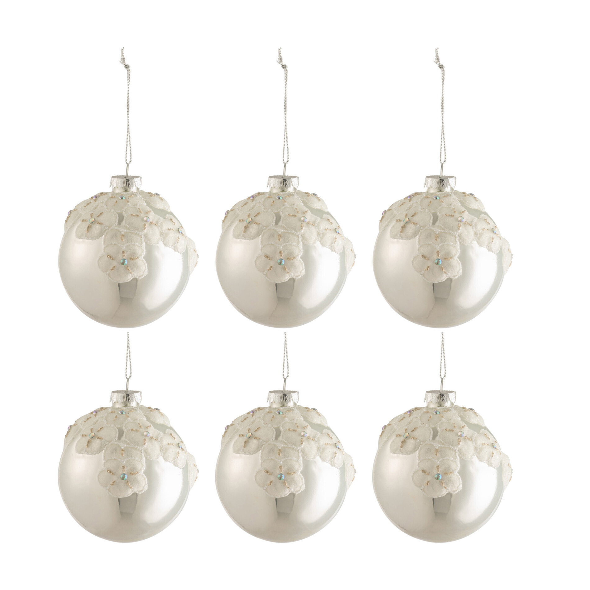 J-Line boule de Noël Fleurs - verre - argent brillant - small - boîte de 6