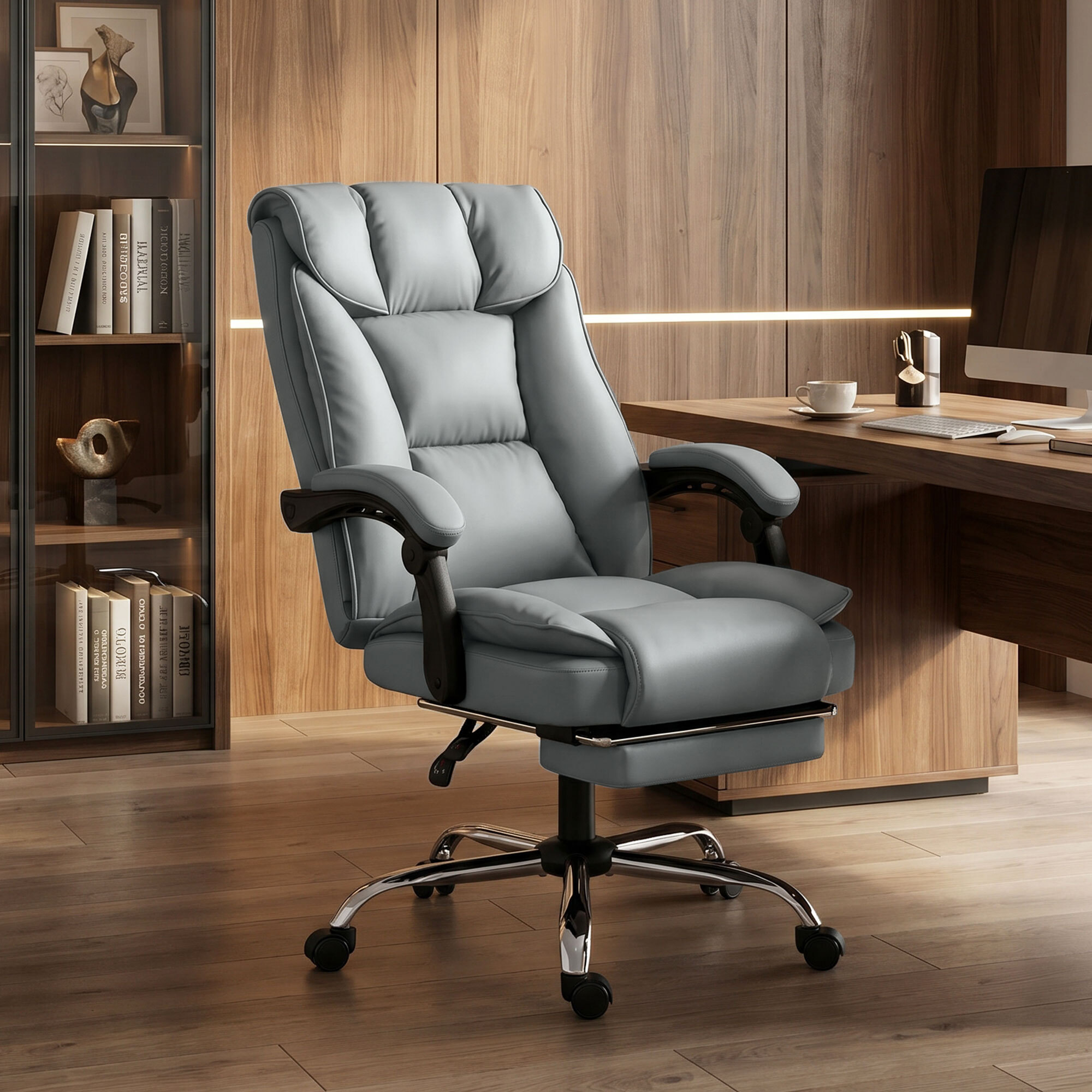Chaise de bureau inclinable repose-pieds revêtement synthétique gris