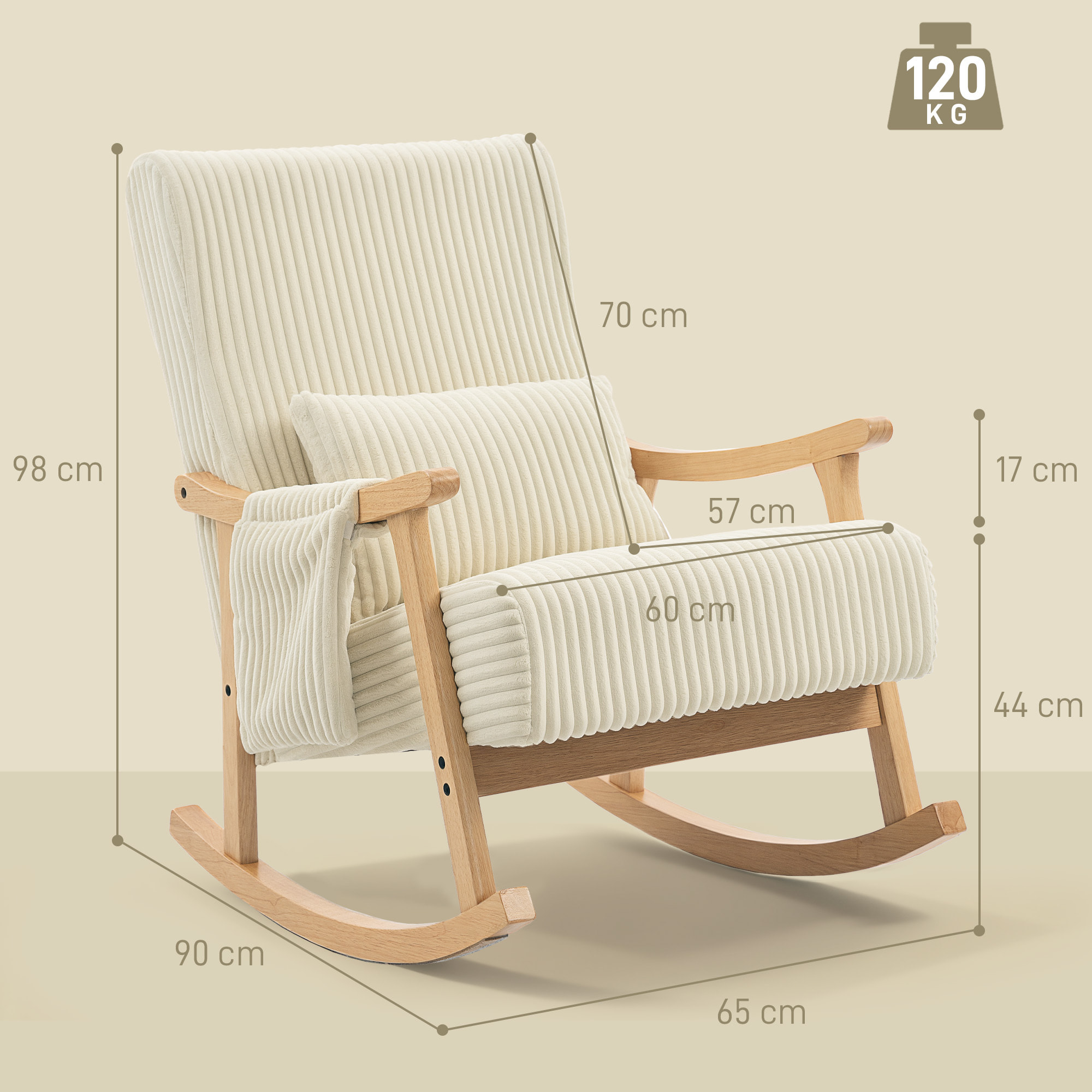 Silla Mecedora, Mecedora de Pana con Cojín Lumbar, Patas y Reposabrazos de Madera, Bolsillo, Estilo Moderno, Sillón de Lactancia, Carga 120 kg, para Dormitorio, Salón, Beige