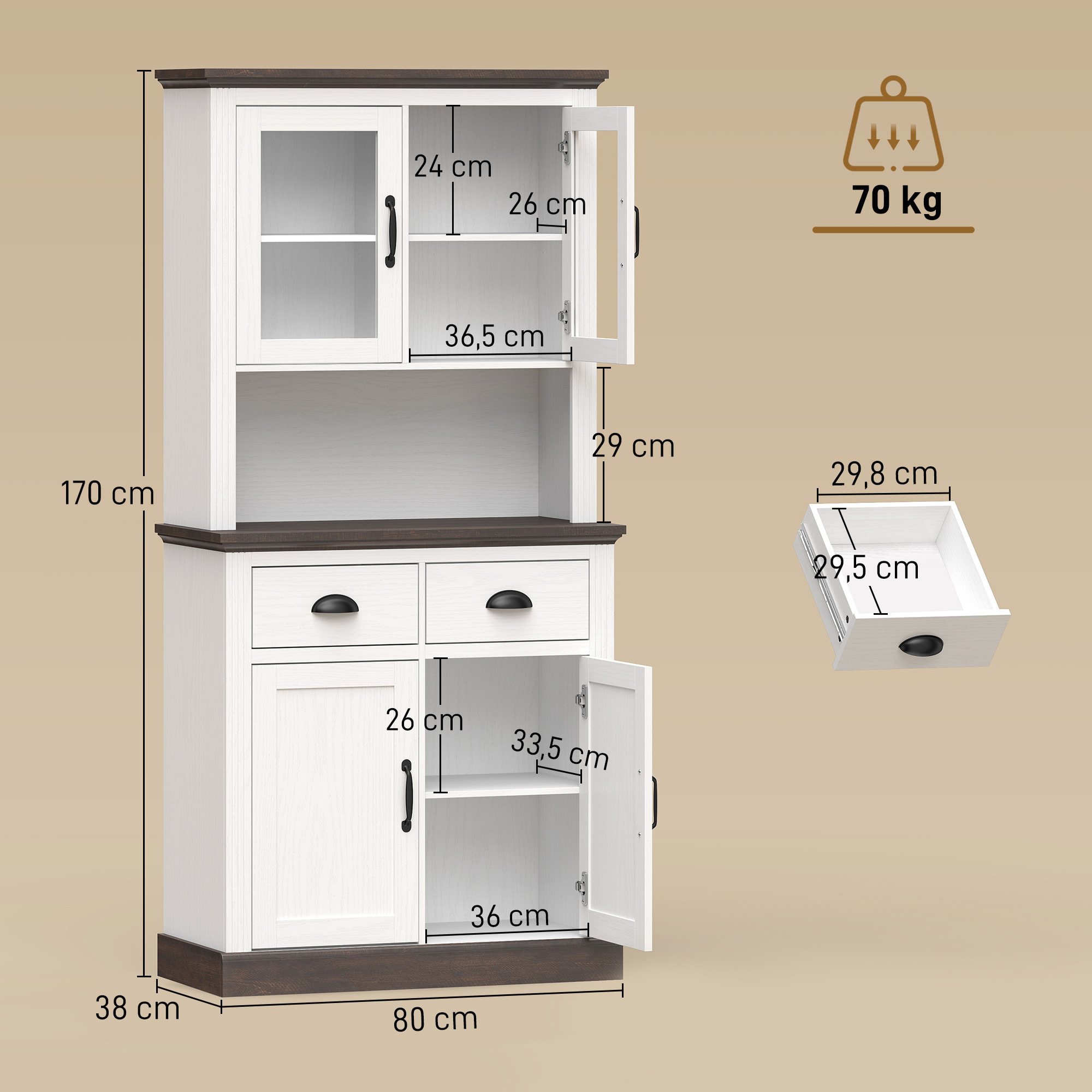 Alacena de Cocina Alta, Mueble Auxiliar de Cocina con Puertas de Cristal, 2 Cajones, Estantes Ajustables, Compartimento Abierto, para Comedor, Salón, 80x38x170 cm, Blanco y Marrón