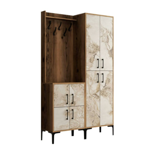 Mobile da ingresso Eufemia, Entratina appendiabiti, Composizione per atrio, Consolle portaoggetti multifunzione, 120x35h200 cm, Noce e Bianco Marmo