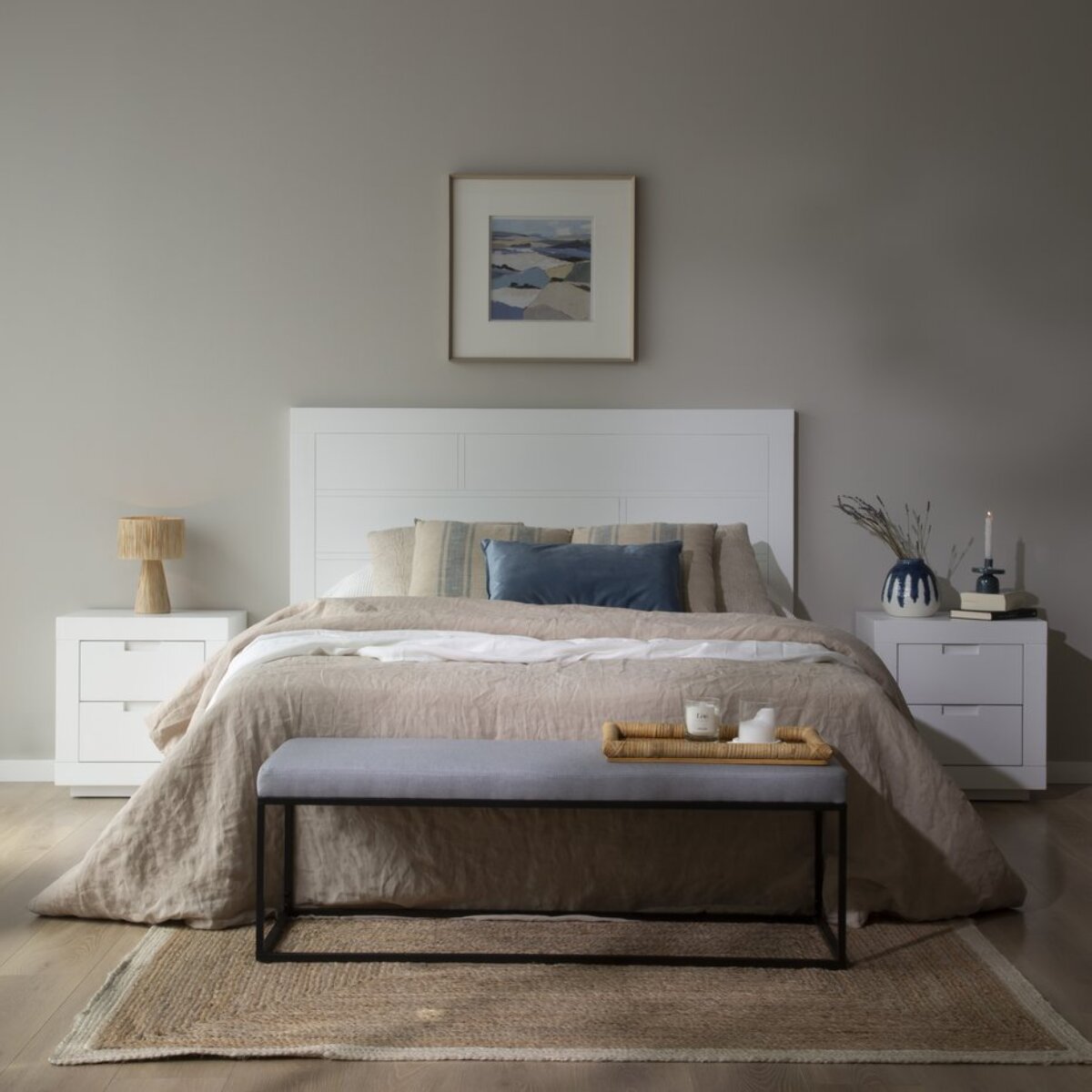 Table de chevet Sisal -bois massif et panneau de mdf-couleur laqué blanc mat 52 x 55 x 37 cm