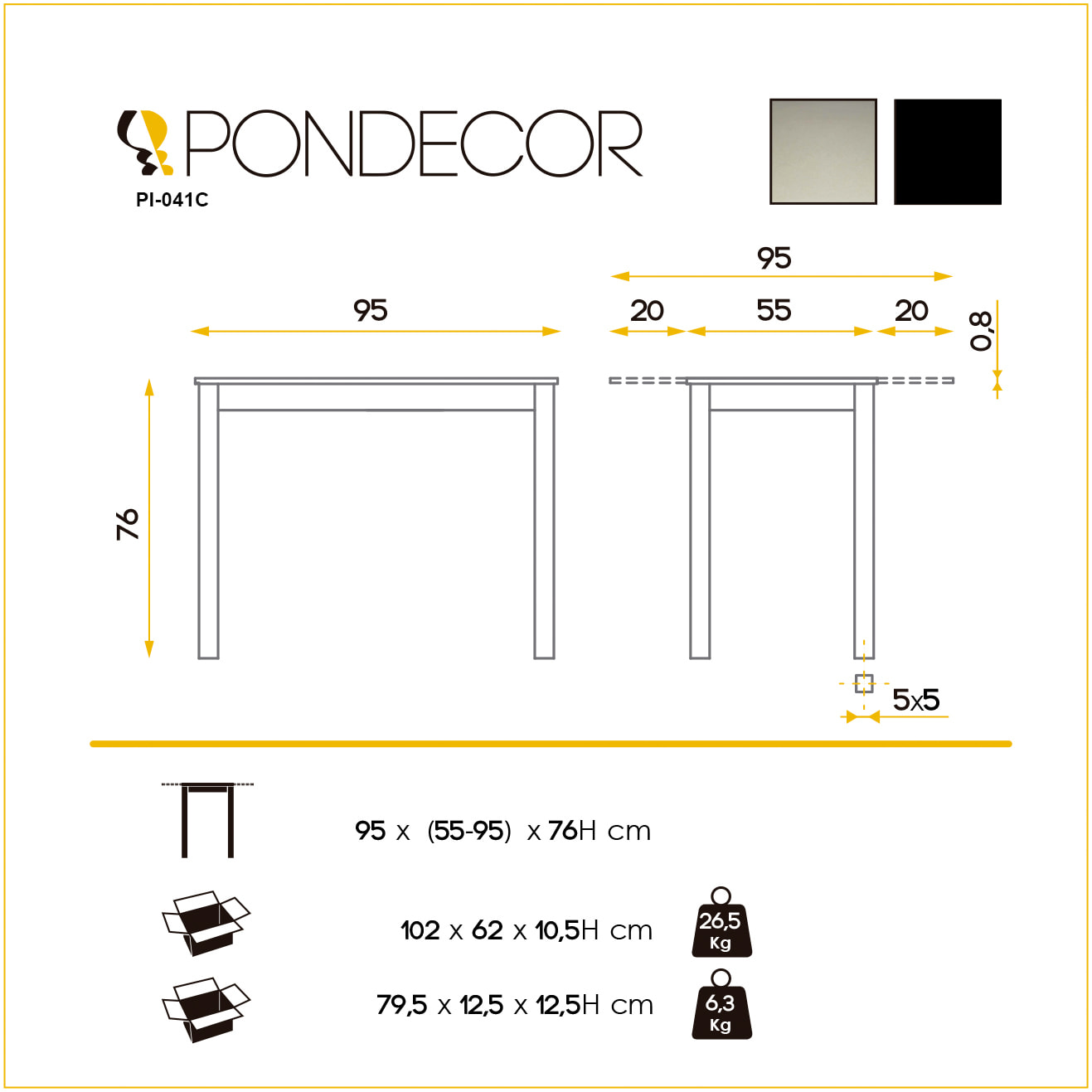 Mesa cocina LEIRIA 76 - 95x55/95x76cm