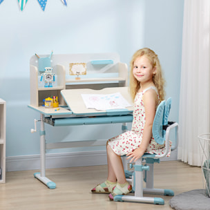 Ensemble bureau chaise enfant hauteur réglable plateau inclinable nombreux rangements blanc bleu effet bois clair