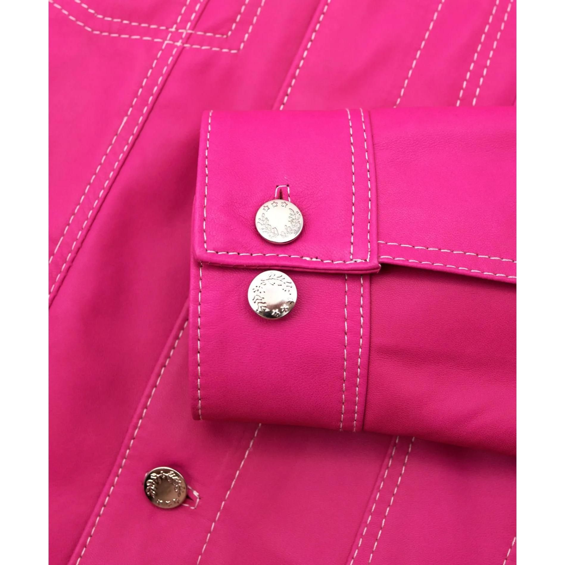 Giacca pelle naturale fuxia con bottoni e collo camicia