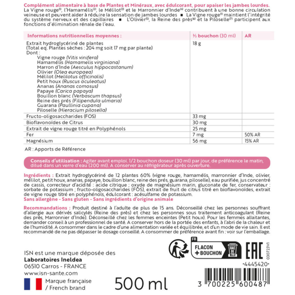 ISN - Veinocell® 500 - Complément alimentaire à base de plantes, minéraux - Vigne Rouge, Hamamélis, Mélilot - Confort circulatoire - Limite la rétention d'eau - Lot de 3 Flacons