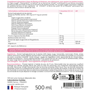 ISN - Veinocell® 500 - Complément alimentaire à base de plantes, minéraux - Vigne Rouge, Hamamélis, Mélilot - Confort circulatoire - Limite la rétention d'eau - Lot de 3 Flacons