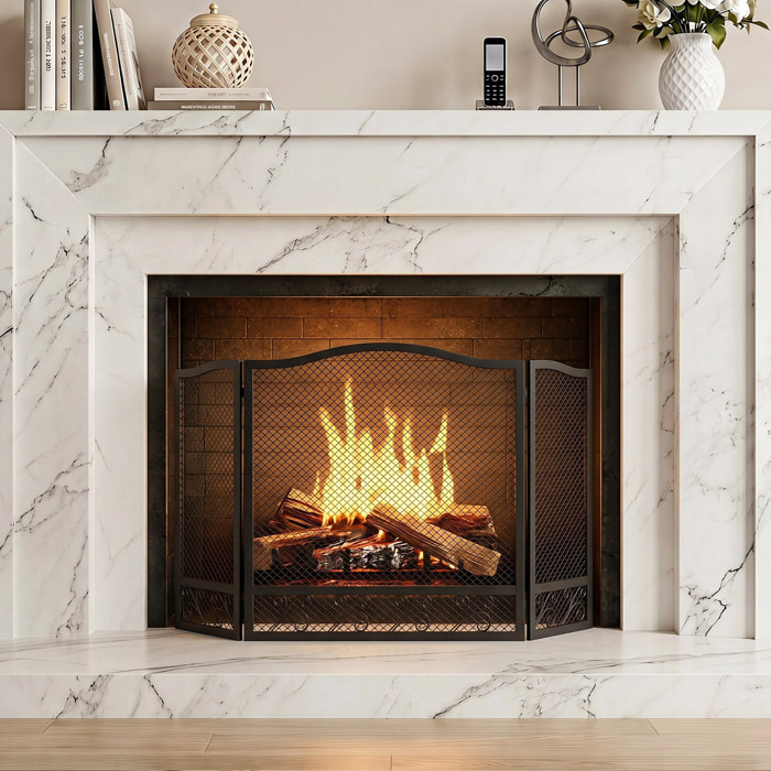 Salvachispas para Chimenea Plegable de 3 Paneles con Diseño Floral, Protector de Chimenea de Metal, Resistente al Calor, para Hogar, 107x60 cm, Negro