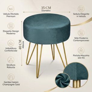 Pouf Tondo in Velluto con Gambe Dorate, Sgabello Imbottito dal Design Elegante e Moderno per Soggiorno, Camera da Letto, Ingresso e Toeletta